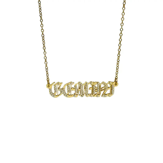 Old English Crystal Nameplate Necklace- Gold