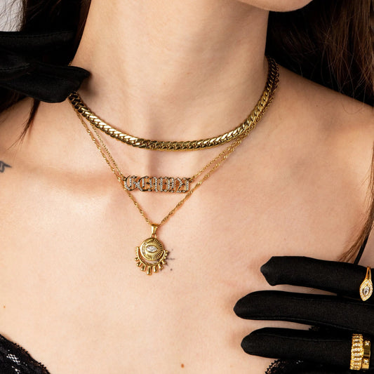 Old English Crystal Nameplate Necklace- Gold