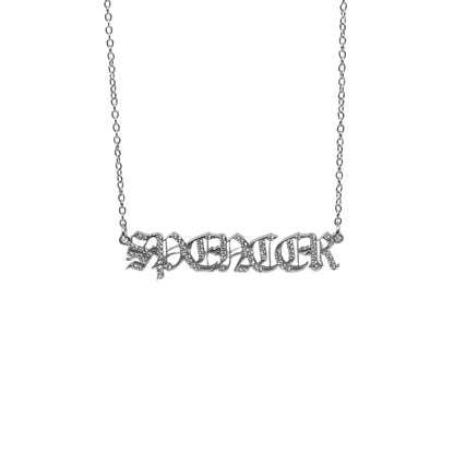Old English Crystal Nameplate Necklace- Silver