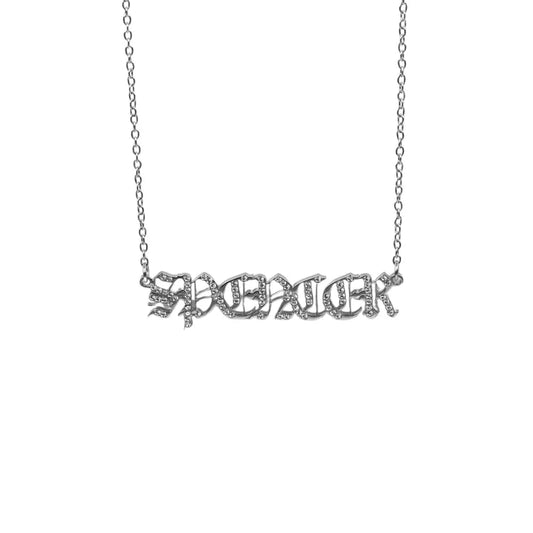 Old English Crystal Nameplate Necklace- Silver