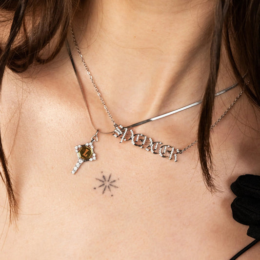 Old English Crystal Nameplate Necklace- Silver